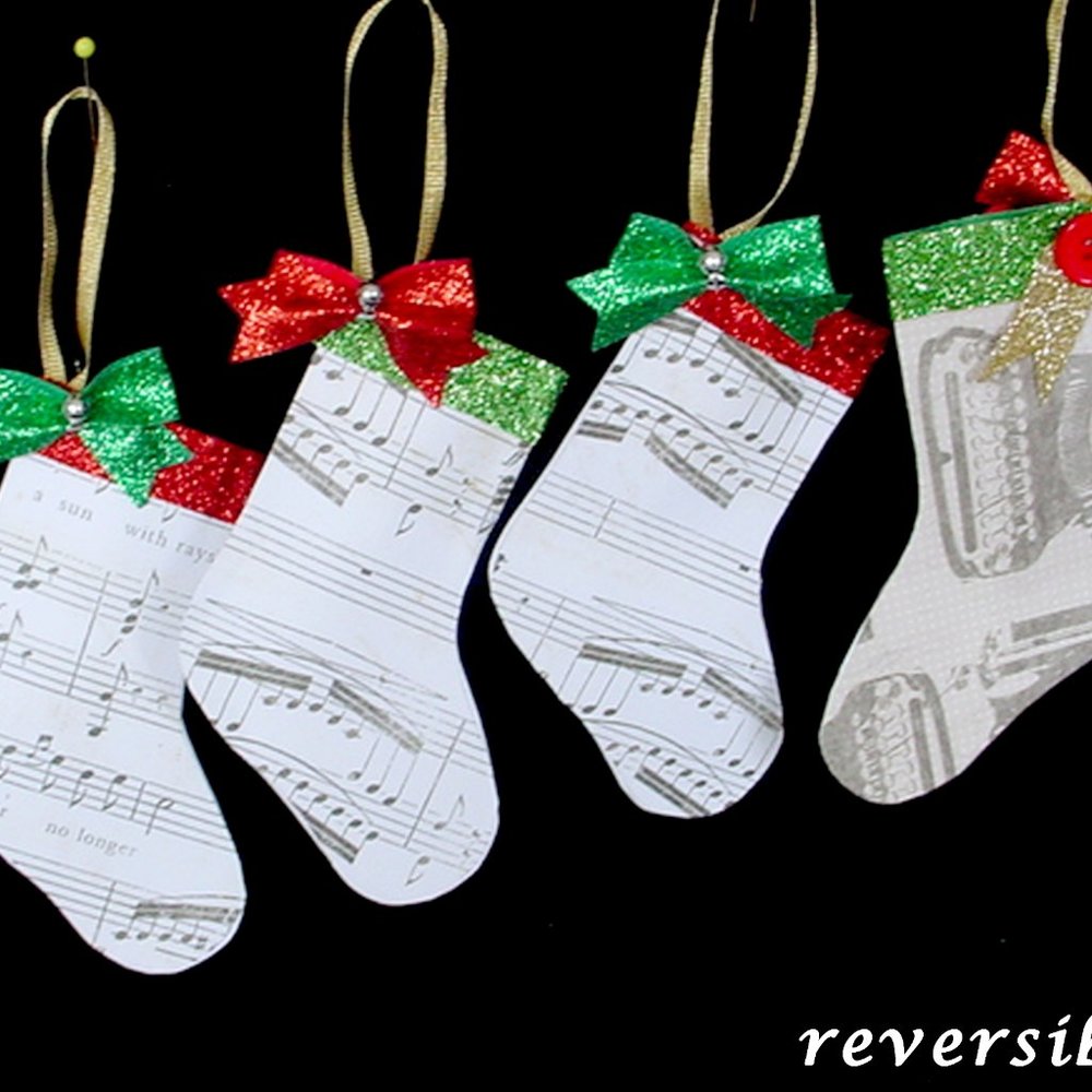 4 CHRISTMAS STOCKING ORNAMENTS REVERSIBLE HANDMADE MUSIC & OLD TYPEWRITERS